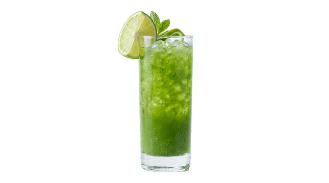 Tall glass of green mojito cocktail with crushed ice mint leaves and lime slice, isolated on transparent background
