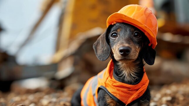 Dachshund dog wearing orange safety vest and hard hat poses on construction site with machinery and gravel in the background, showcasing a playful work environment