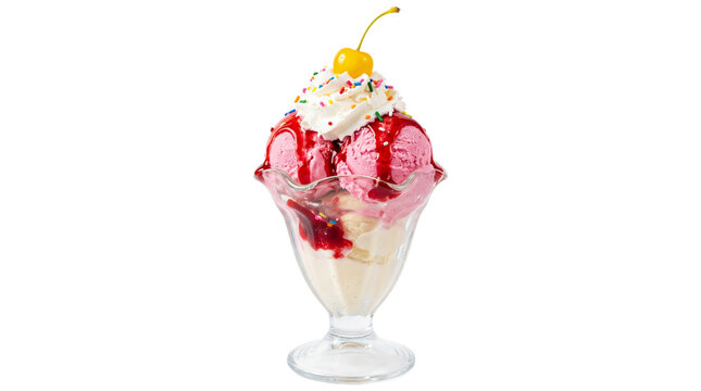 Strawberry ice cream sundae with whipped cream cherry and sprinkles, isolated on transparent background