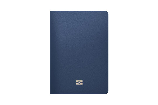 Blank blue passport with biometric chip symbol on an isolated white background. Generic passport template mockup with no text, minimal design. Top view. Realistic 3D rendering.