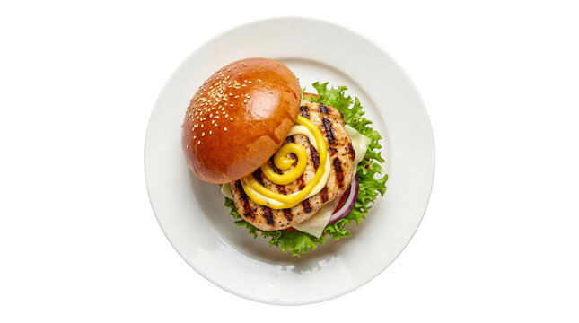 Juicy grilled chicken burger with sesame seed bun cheese lettuce onion and mustard, isolated on transparent background