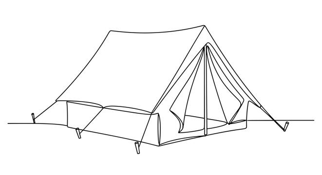 Single stroke camping tent drawing in dark outline on transparent background