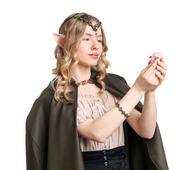 Naklejka premium Beautiful elf girl with flower on white background