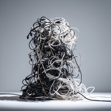 Tangled mess of black and white electronic cords and cables