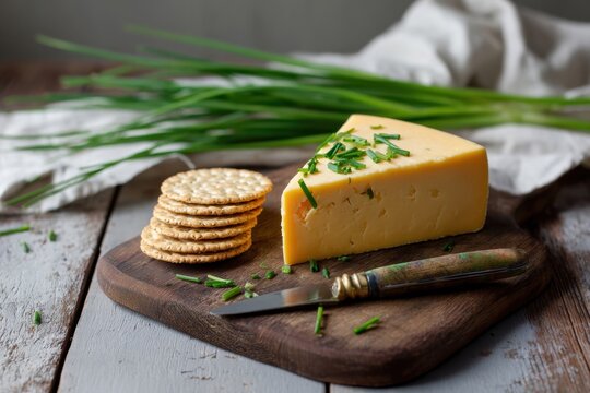 A cheese board with a wedge of Double Gloucester, chives, crackers, and a small knife, overhead shot, soft window light