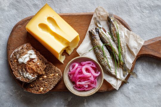 A cheese board with a wedge of Esrom (Danish, with eyes), rye bread, and pickled herring, overhead shot, Nordic natural light
