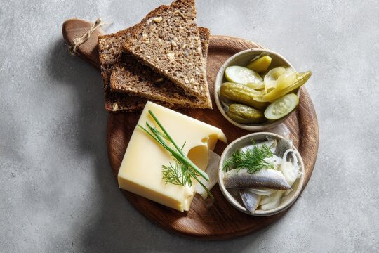 A cheese board with a wedge of Esrom (Danish, with eyes), rye bread, and pickled herring, overhead shot, Nordic natural light