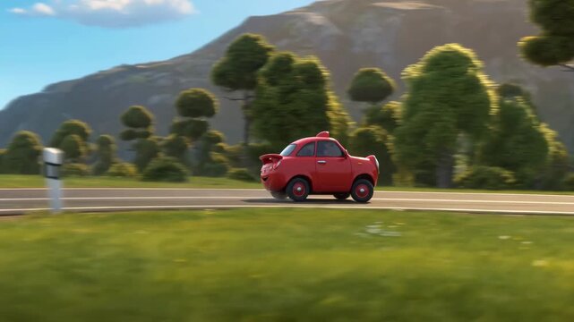 A vibrant, bright red cartoon-style car with a playful and friendly design. This stylized 3D-rendered vehicle features rounded edges and polished surfaces, making it a perfect asset for children's ani