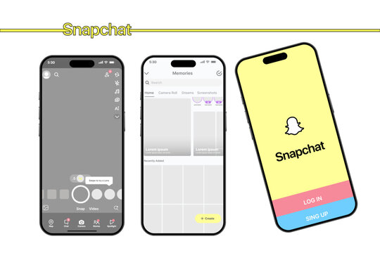 Snapchat UI template 2026 update with iOS 26 liquid glass design, shown on iPhone 17 with Apple Music notifications, modern mobile interface and vector preview.