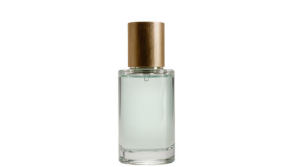 Naklejka premium Clear glass perfume bottle with golden cap, isolated on transparent background
