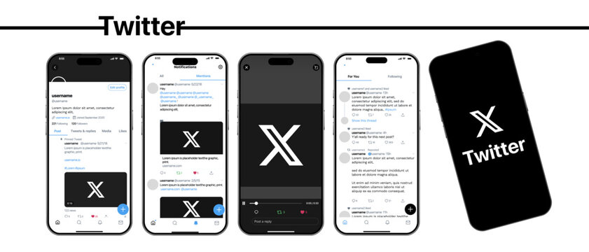 X or Twitter mobile UI mockup with home feed, tweets, threads, replies, retweets, likes, notifications, messages, profile, explore, trending topics modern interactive layout vector illustration.