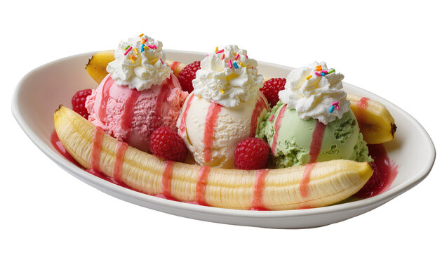 Banana split dessert with three ice cream scoops whipped cream raspberries and sprinkles, isolated on transparent background