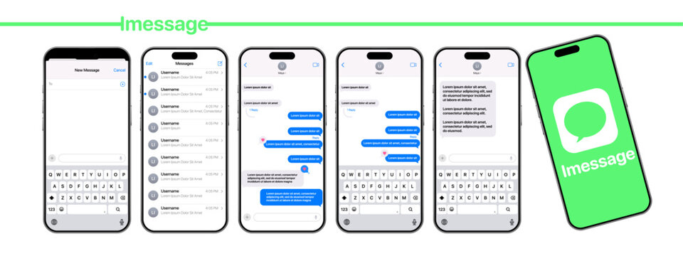iMessage iOS 26 mockup on iPhone 17 Pro Max showing chat bubbles, message reactions, voice notes, typing bar, contact icons, notifications, and modern Apple messaging interface vector illustration.	