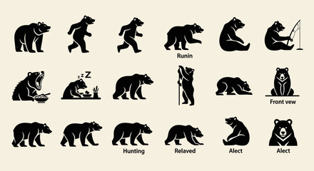 Fototapeta premium Collection of Diverse Bear Silhouettes in Various Poses and Actions.