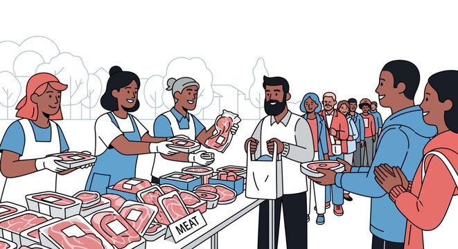 People shopping for fresh meat at a bustling outdoor market stall with a variety of cuts on display