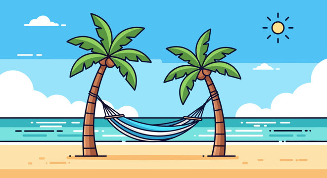 A serene tropical beach scene with two swaying palm trees and a comfortable hammock gently inviting a moment of blissful relaxation under the warm summer sun
