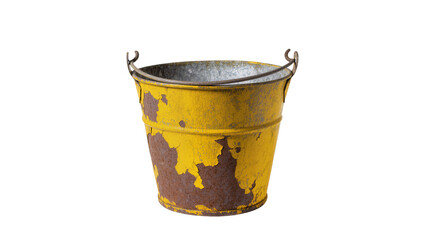 Rusty yellow metal bucket with peeling paint, isolated on transparent background © Laura