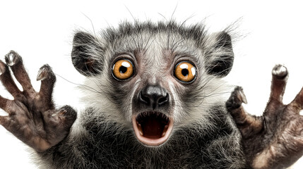Fototapeta premium Aye aye lemur screaming with wide eyes isolated on white background unusual primate expression wildlife copy space