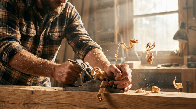 Man using hand plane on wooden board in workshop. Carpenter shaping timber with traditional tool. Woodworking craftsmanship and manual skill development