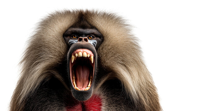 Gelada baboon screaming with open mouth and red chest isolated on white background dramatic primate wildlife copy space