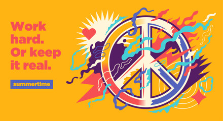Obraz premium Vibrant summer graphic with a bold peace symbol, abstract elements, and motivational text in a retro style. Vector illustration.