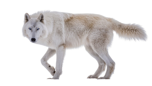 Arctic wolf with piercing blue eyes walking, isolated on transparent background
