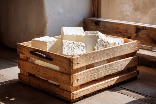 A wooden crate of fresh ricotta salata (pressed, salted), morning light, rustic Italian market concept