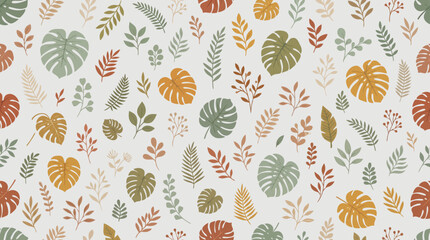Seamless hand-drawn tropical leaf pattern in autumn colors. © pixel*
