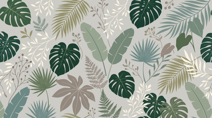 Seamless tropical botanical leaf pattern with muted green tones. © pixel*