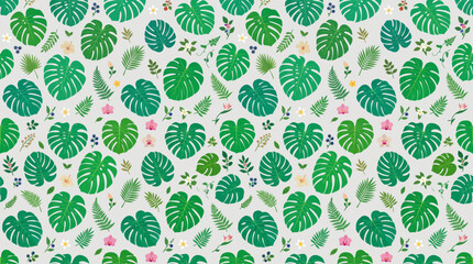 Seamless tropical monstera leaf and hibiscus floral repeat pattern for surface design. © pixel*