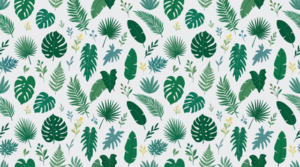 Seamless tropical leaf pattern with green monstera and palm foliage on white background. © pixel*