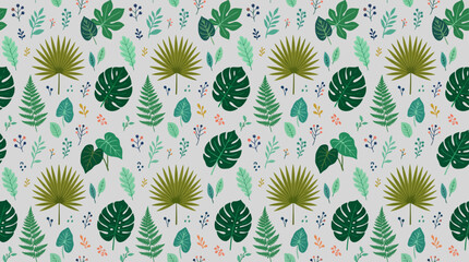Seamless tropical leaf and floral pattern with green foliage. © pixel*