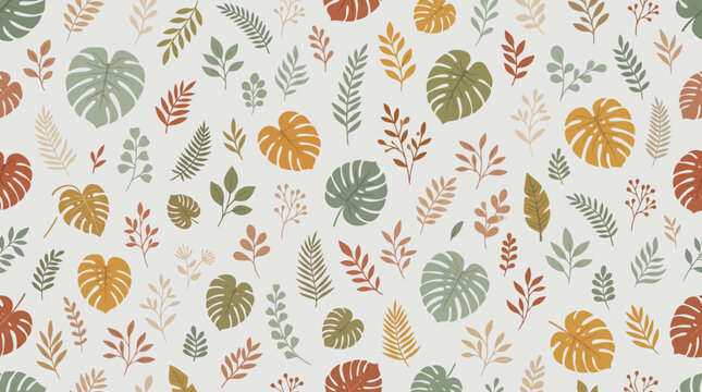 Seamless hand-drawn tropical leaf pattern in autumn colors.