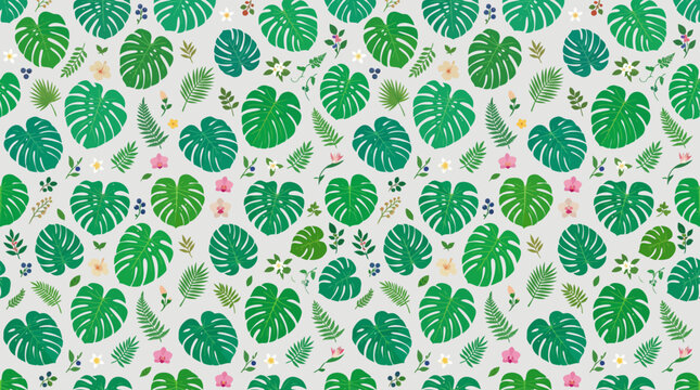 Seamless tropical monstera leaf and hibiscus floral repeat pattern for surface design.