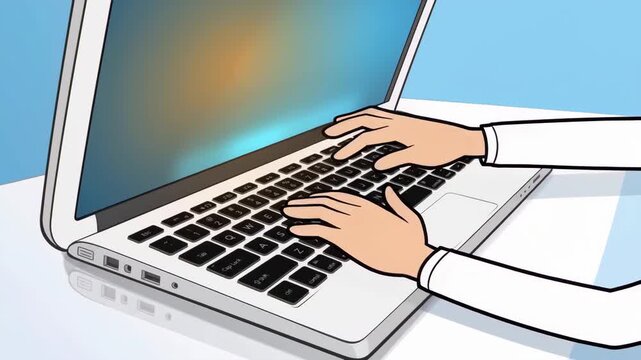 A cartoon-style illustration of a laptop computer on a desk with animated hands actively typing on the keyboard. This scene depicts productivity, digital work, and online communication in a clean, mod