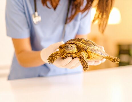 veterinaria en consulta con tortuga bebe