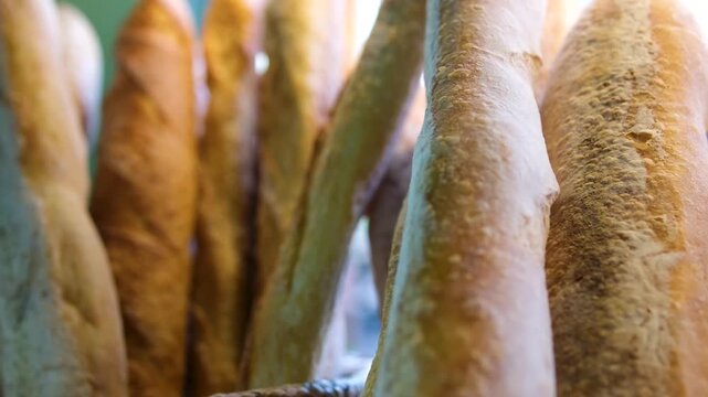 Fresh baguettes display baguettes displayed in a bakery shelf, some with seeds and different textures.