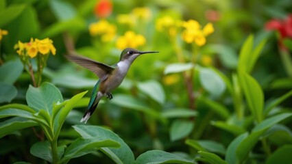 Fototapeta premium Green and blue hummingbird with wings spread wide over blooming flowers.