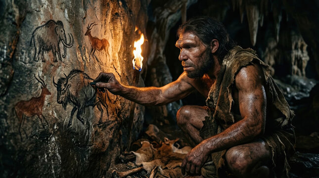 Prehistoric caveman drawing a bison on a cave wall. Ancient paleolithic neanderthal artist creating animal paintings illuminated by torch fire. Human evolution and history concept