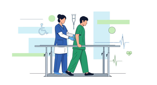 Physical therapist assisting patient walking on parallel bars for rehabilitation