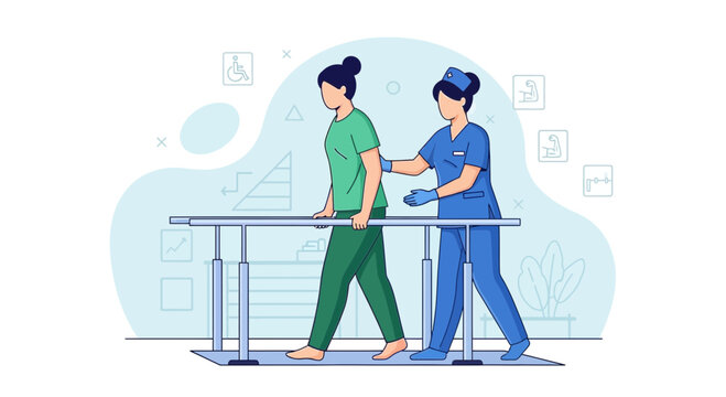 Physical therapist assisting patient walking on parallel bars for rehabilitation and recovery