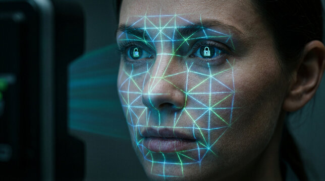 Womans face with digital grid overlay and lock icons in eyes for facial recognition scan. Biometric authentication and cyber security concept. Innovative technology for identity protection and data