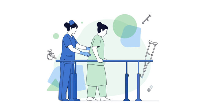 Physical therapist assisting patient walking with parallel bars for rehabilitation and recovery
