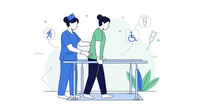 Physical therapist assisting patient walking on parallel bars for rehabilitation