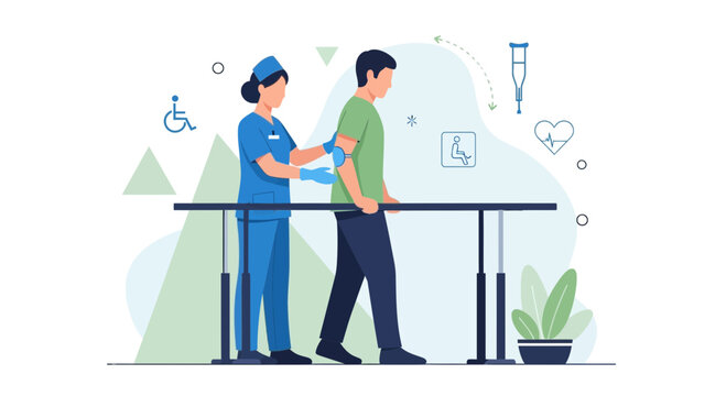 Physical therapist assisting patient walking with parallel bars for rehabilitation and recovery