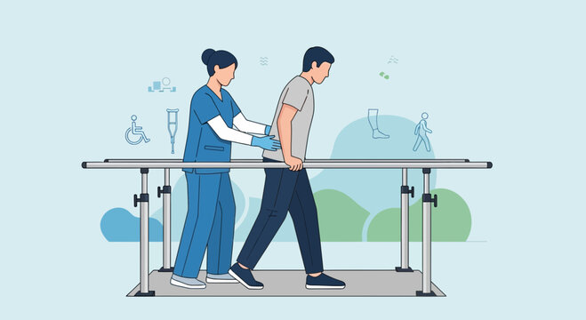 Physical therapist assisting patient walking with parallel bars in rehabilitation center