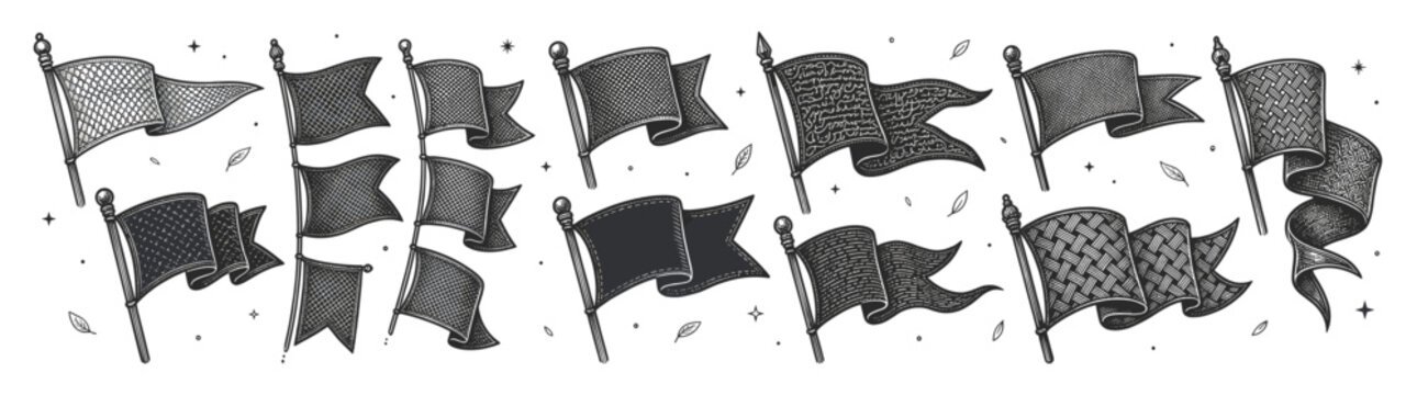 Vintage Hand Drawn Vector Sketch Isolated on White: Black Flag and Pennant Banner Icons Set