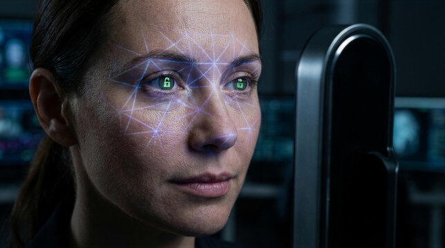 Woman undergoing facial recognition scan in futuristic control room. Glowing holographic grid on face with green lock icons in eyes. Biometric security technology for cyber identity verification and