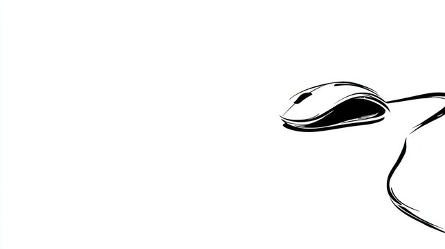 Black and white illustration of a computer mouse with a trailing cord on a blank white canvas