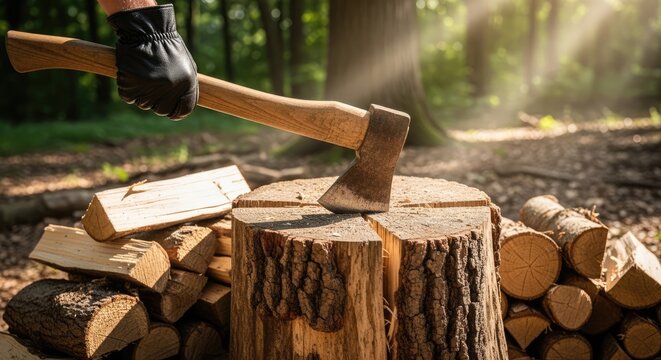 Axe resting on a wood stump with cut logs in a forest setting